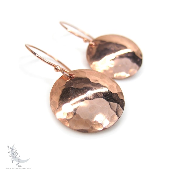 Hand Hammered Copper Earrings, Small Minimalist Raw Copper Dangle Earrings, Coin Disc Round Pure Copper Jewelry, Boho Full Moon Lunar Gift