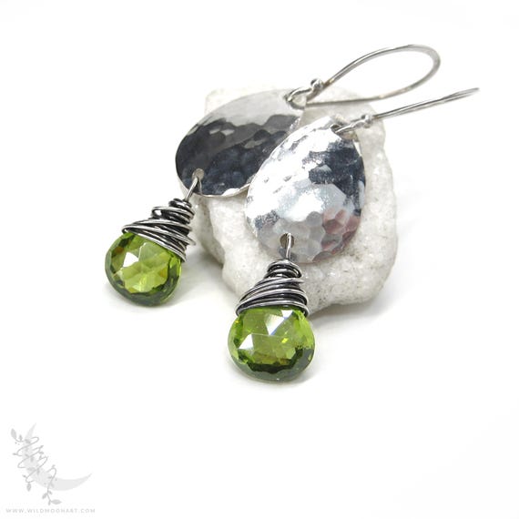 Peridot Earrings, Hammered Teardrop Sterling Silver Dangle Earrings, Petite Green Peridot Gemstones, August Birthday Birthstone Jewelry Gift