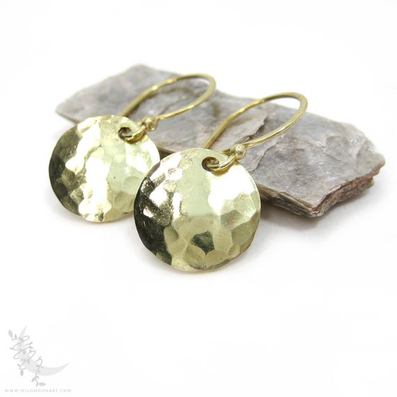 Small Hand Hammered Brass Earrings, Minimalist Raw Brass Dangle Earrings,  Petite Round Golden Brass Boho Jewelry, Gold Moon Jewelry Gift