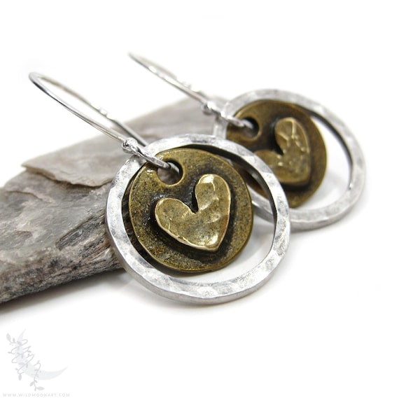 Mixed Metal Heart Earrings, Sterling Silver & Brass Hammered Dangle Earrings, Handmade Rustic Boho Minimalist Love Valentine Jewelry Gift