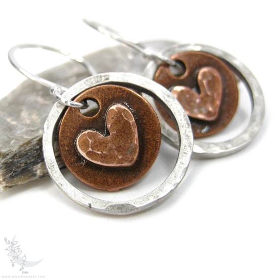 Mixed Metal Heart Earrings, Sterling Silver & Copper Hammered Dangle Earrings, Handmade Rustic Boho Minimalist Love Valentine Jewelry Gift