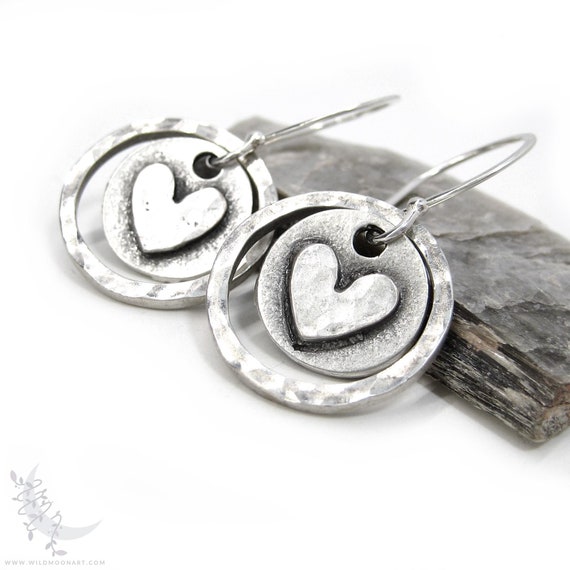 Heart Earrings, Hand Hammered Sterling Silver Rustic Love Heart Dangle Earrings, Upcycled Metal Minimalist Earrings, Valentine Jewelry Gift