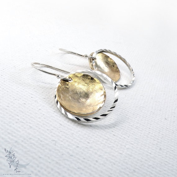 Mixed Metal Gold & Silver Earrings, Small Hoop Hammered Dangle Earrings, Sterling Silver Gold Fill Disc Lightweight Minimalist Jewelry Gift