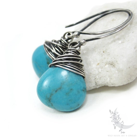Turquoise Earrings, Sterling Silver Dangle Earrings, December Birthday Birthstone Jewelry Stabilized Blue Turquoise Gemstone Boho Jewelry