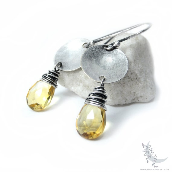 Golden Citrine Earrings, Sterling Silver Dangle Earrings, Hammered Silver Drop Earrings, November Birthday Birthstone Jewelry, Gemstone Gift