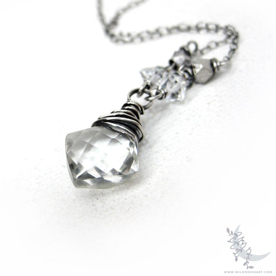 Quartz Herkimer Diamond Necklace, Sterling Silver Necklace Pendant, April Birthday Birthstone Jewelry, Oxidized Silver Genuine Gemstone Gift