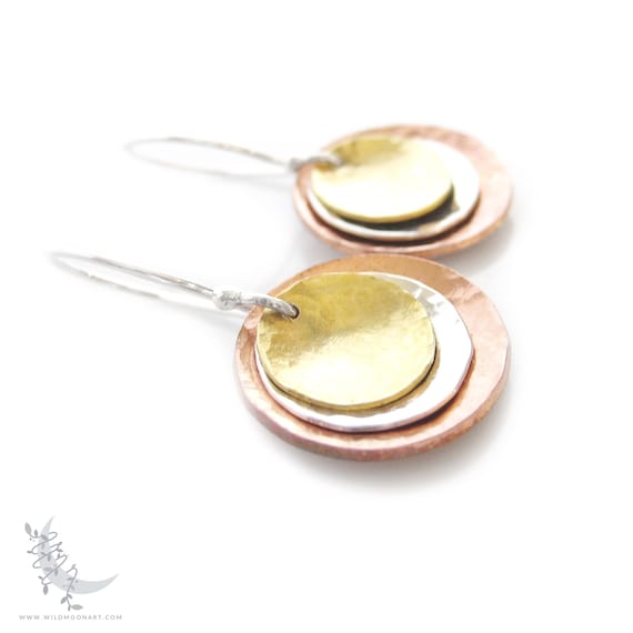 Mixed Metal Copper, Brass & Sterling Silver Earrings, Tri Tone Hammered Silver Dangle Earrings, Small Boho Geometric Minimalist Jewelry Gift