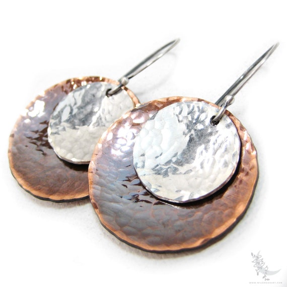 Mixed Metal Aged Copper & Sterling Silver Earrings, Large Hand Hammered Upcycled Silver Copper Dangle Earrings, Boho Minimalist Jewelry Gift