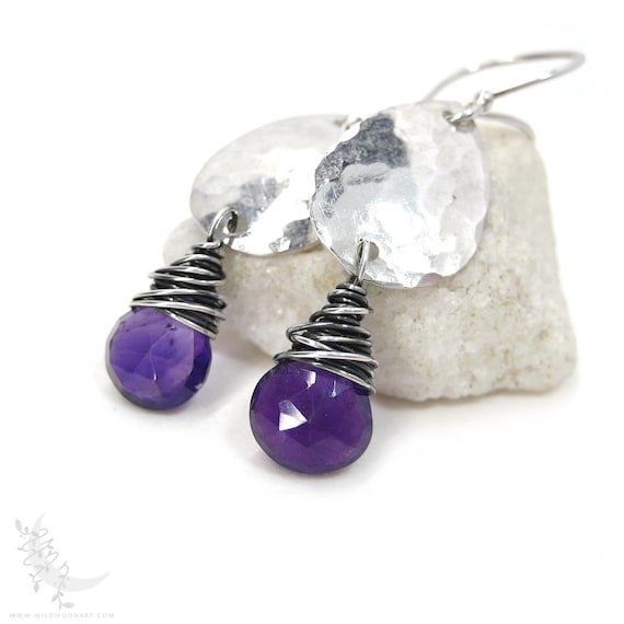 Amethyst Earrings, Hammered Teardrop Sterling Silver Dangle Earrings, Purple Amethyst Gemstones, February Birthday Birthstone Jewelry Gift