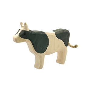 Handcrafted Open Ended Wooden Toy Farm Animal - Cow b&w standing