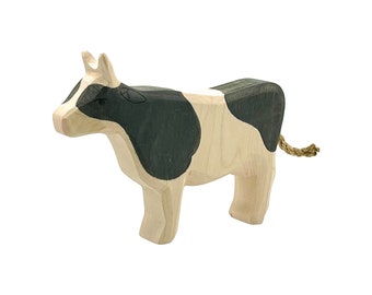 Handcrafted Open Ended Wooden Toy Farm Animal - Cow b&w standing