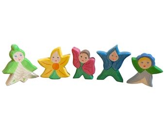 Handcrafted Open Ended Wooden Toy Figure - 5 Pieces Flower Children Set
