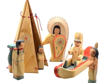 Handgemachte Holzspielfiguren Familie - Indianer Set von 8 Stück