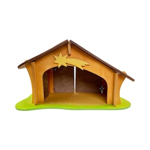 Handcrafted Open Ended Wooden Nativity Stable with Star and Bird Perch
