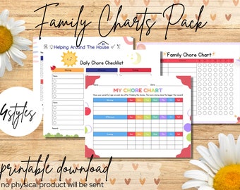 Printable Family Chore Charts, Kids Pet Care Checklist, Potty Training Tracker, Rewards Charts, Helping Around the House Tracker, Digital