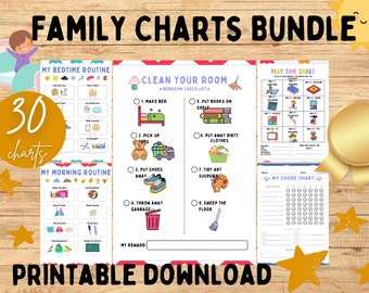 Family Chore Charts, Rewards Charts, Routines, Responsibility Trackers, Parent Report Cards, Print At Home, Digital Download, Homework Logs