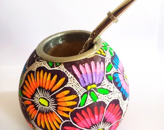Mate set, Yerba Mate Cup Gourd Calabash lovely patterns + Straw