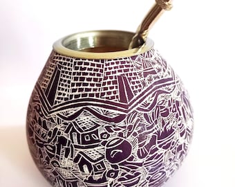 Handcarved Yerba Mate Gourd with UNIQUE Design - Includes Straws ''Bombillas'' - Handmade in Argentina