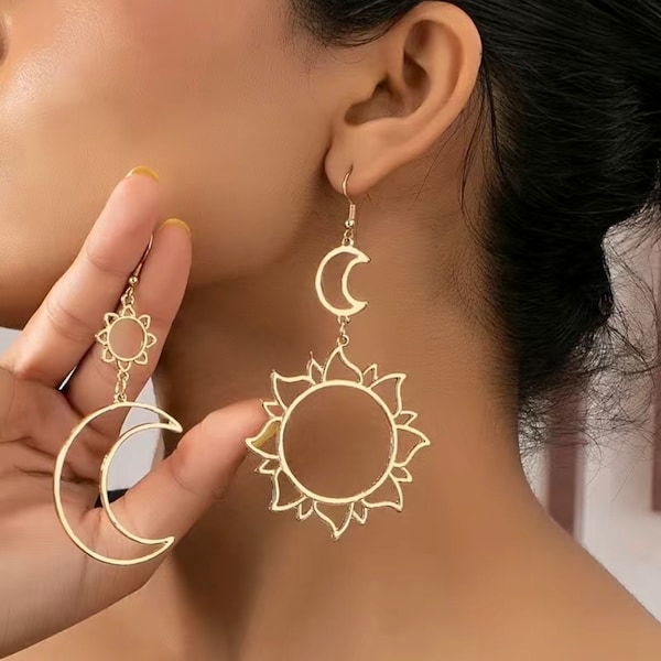Boho Jewelry Earrings- Sun and Moon - asymmetrical earrings - astrology jewelry- Hippie jewelry- Moon Jewelry- Spiral Jewelry