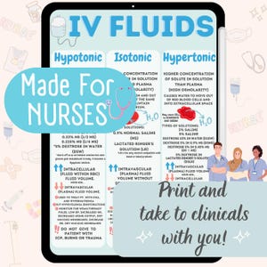 May include: A digital tablet displays an educational chart about IV fluids, categorized as hypotonic, isotonic, and hypertonic. The chart includes text and diagrams, with the phrases "Made for Nurses" and "Print and take to clinicals with you!"