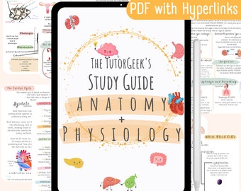 May include: A digital study guide for anatomy and physiology with 138 pages and hyperlinks. The cover features a colorful illustration of a heart, brain, and intestines with cartoon faces. The title "The TutorGeek's Study Guide Anatomy + Physiology" is written in a bold, white font.