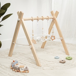 Wooden Baby Play Gym Set, Interactive Activity Center Hanging Bar with Gym Toys, Foldable for Infants By Comfy Cubs