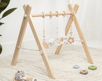 Wooden Baby Play Gym Set, Interactive Activity Center Hanging Bar with Gym Toys, Foldable for Infants By Comfy Cubs