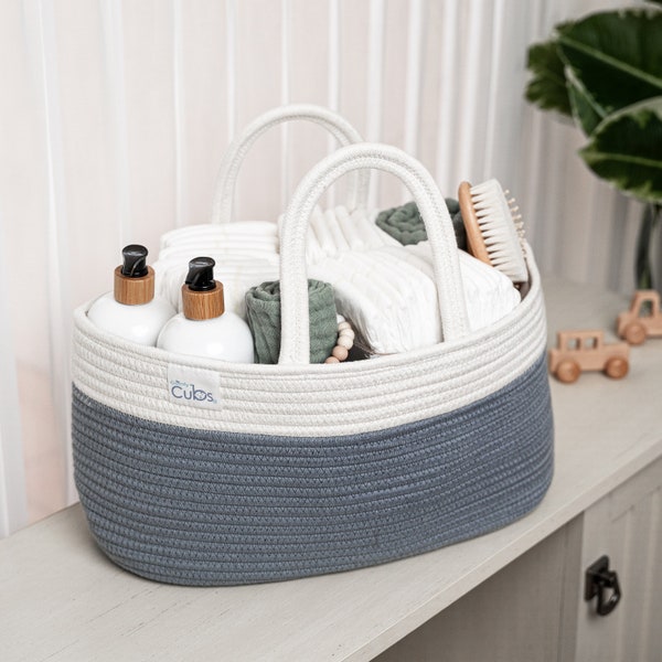 Comfy Cubs Rope Diaper Caddy Organizer - Large Portable Baby Diaper Caddy Nursery Storage Bin and Car Travel Basket, Tote Bag with Dividers