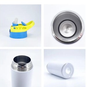 May include: A white insulated water bottle with a blue and yellow lid. The lid has a built-in straw. The interior of the bottle is stainless steel. The bottom of the bottle is white with a circular indentation.