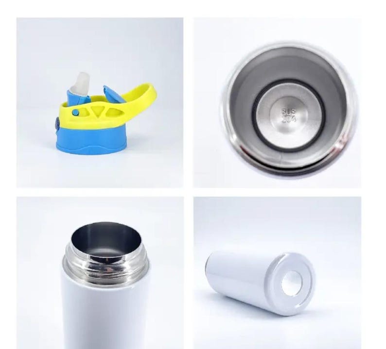 May include: A white insulated water bottle with a blue and yellow lid. The lid has a built-in straw. The interior of the bottle is stainless steel. The bottom of the bottle is white with a circular indentation.