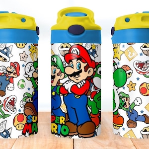 12oz Mario Kids Water Bottle with One-click Pop-up Straw Lid and Handle, Stainless Steel Insulated Sublimation Kids Sippy Cup