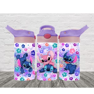 May include: Three water bottles with a purple and pink color scheme. Each bottle features a different image of the character Stitch from the Disney movie Lilo & Stitch, along with colorful floral patterns. The bottles have a flip-top lid.