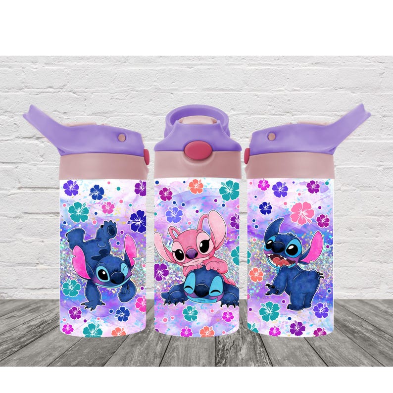 May include: Three water bottles with a purple and pink color scheme. Each bottle features a different image of the character Stitch from the Disney movie Lilo & Stitch, along with colorful floral patterns. The bottles have a flip-top lid.