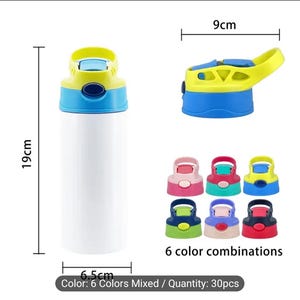 May include: A white water bottle with a blue and yellow lid, measuring 19cm tall and 6.5cm wide. The lid is 9cm wide. Six color combinations of lids are shown. The text reads "Color: 6 Colors Mixed / Quantity: 30pcs."