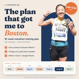 May include: An 18-week marathon training plan digital document titled The plan that got me to Boston. It features a runner wearing a white tank top, black shorts, and a race bib numbered 15901, holding a medal. Includes a weekly schedule sample.