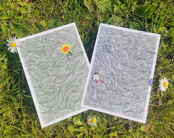 Doodles de ligne de cartes postales d'été - canard et tournesol