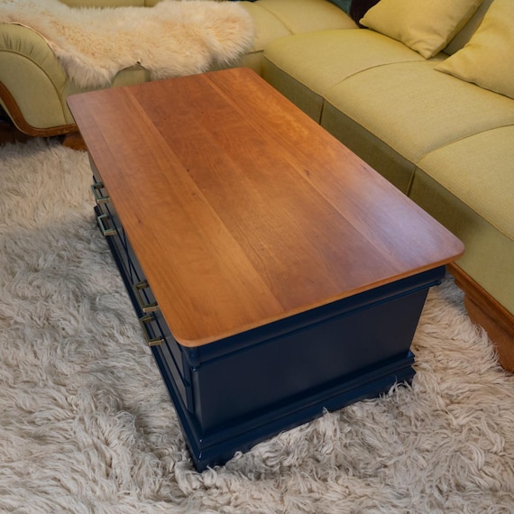 Refinished Solid Wood Navy Blue Coffee Table Home Decor, Cherry