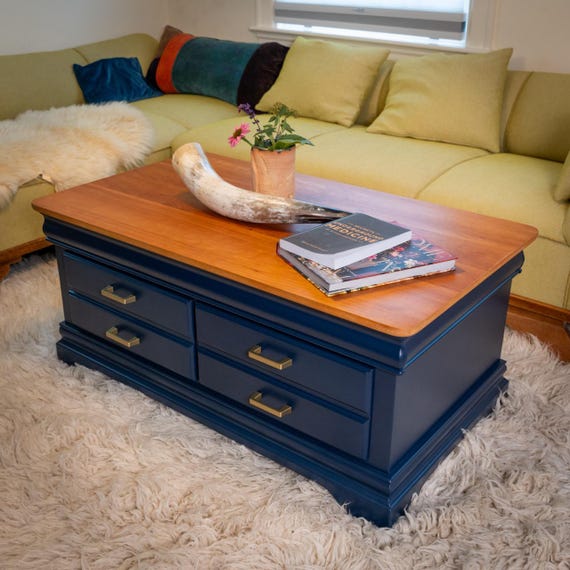 Refinished Solid Wood Navy Blue Coffee Table Home Decor, Cherry