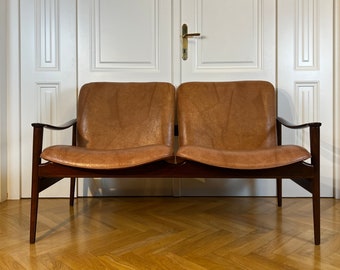 Canapé 2 places Fredrik Kayser en teck causeuse modèle 711 Norway 1960 Chaise longue scandinave danoise moderne Vatne en palissandre du milieu du siècle