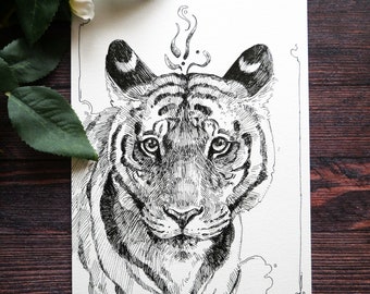 Original - Tiger Portrait Ink Drawing, A5