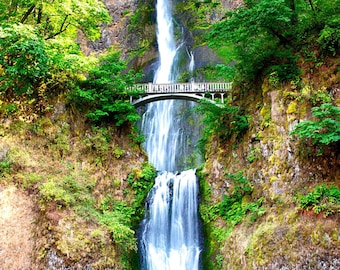 May include: A scenic waterfall cascades down a rocky cliff face, surrounded by lush green foliage. A white bridge spans the water, adding a touch of human-made structure to the natural landscape. The water flows into a dark pool at the base.