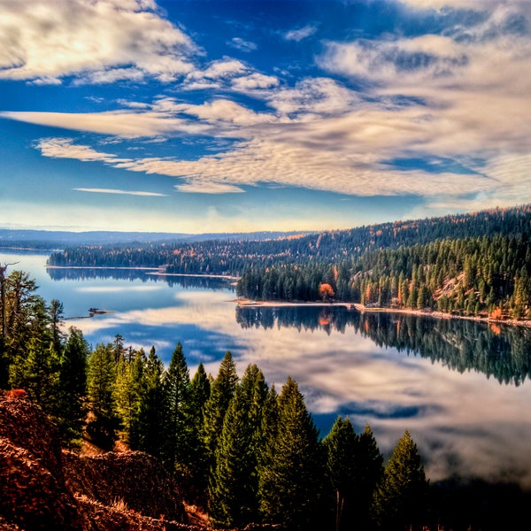 Beautiful Payette Lake Autumn Color Oversized Photograph Print of Golden Trees and Idaho Lake