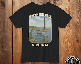 Northern Neck Virginia (NNK) Shirt Coastal Crab Heron Workboat Tee River Life Stack Art Vintage Bay Gift for Locals Men Women Outdoors
