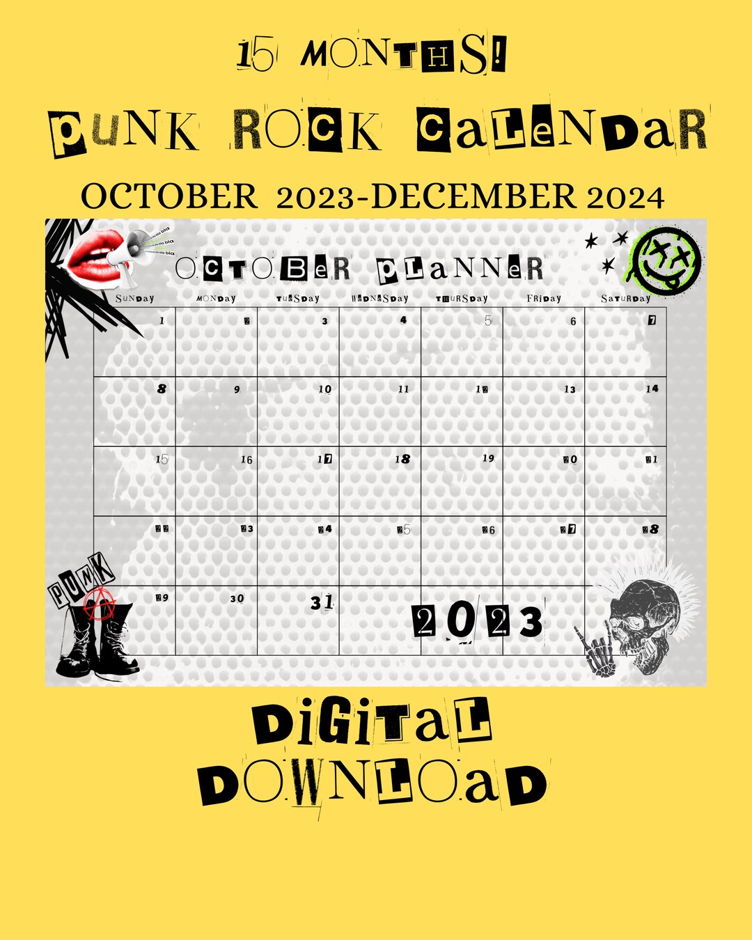 Punk Rock Downloadable Calendar 15 Months so Cute Etsy