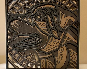 May include: A square, multi-layered wooden wall art piece featuring a dark-stained, laser-cut profile of a dog's head. The design incorporates intricate geometric patterns and cutouts, with contrasting light and dark wood tones throughout.
