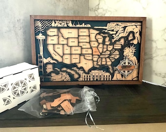 USA Travel Map with State Tokens and Storage Box, Wooden Road Trip Tracker Gift