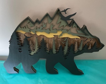 Wandbild mit Bärenmandala, Bärendeko aus mehrschichtigem Sperrholz, Geschenkidee für Hütten- und Lodge-Fans