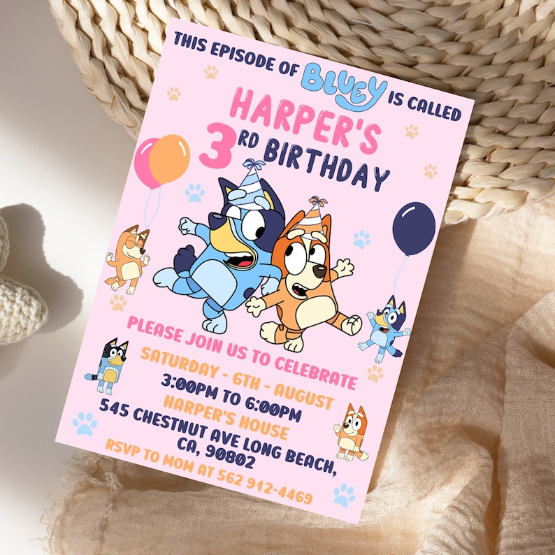 Pink Bluey Birthday Invitation Bluey Party Birthday - Etsy Canada
