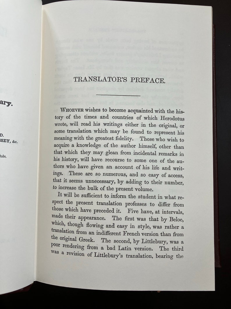 May include: A page from a book with the title "Translator's Preface" and text about the history of Herodotus' writings and the different translations of his work.