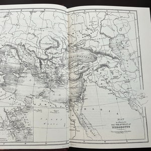 May include: A black and white map illustrating the travels of Herodotus. The map shows the ancient world, including Greece, Persia, and Egypt. The text on the map reads "MAP to illustrate THE TRAVELS of HERODOTUS".